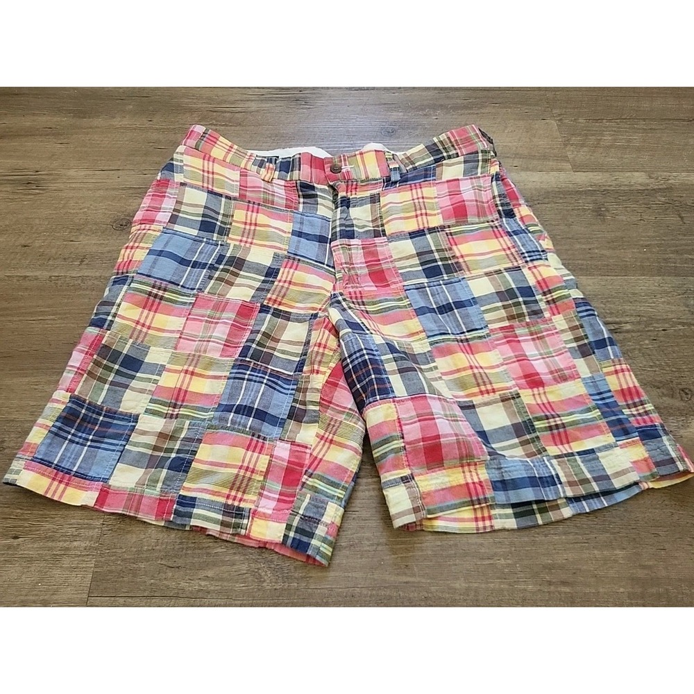 Lands End Mens‎ Patchwork Madras Shorts Plaid Cotton Multi Color Size 33 Preppy